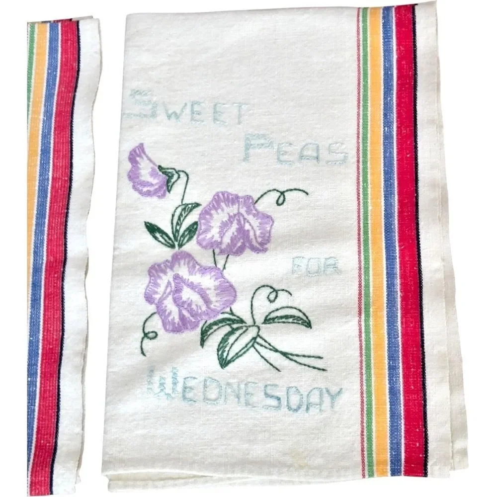 Vintage Days of the Week Set of 6 Colorful Embroidered Flower Dish Towels.